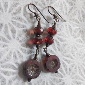 Czech Glass Earrings - Hand Carved Flower Beads